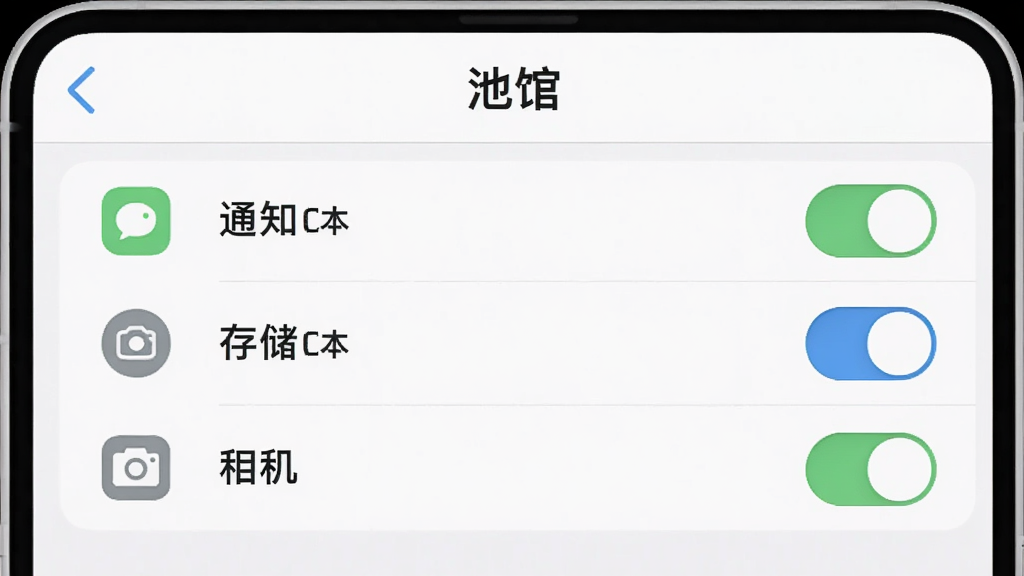一张手机设置界面示意图,画面中展示“池馆”App的权限设置页面,包含通知权限、存储权限、相机权限的开关选项,界面为浅色背景,图标简洁,文字清晰,风格扁平化,画质干净