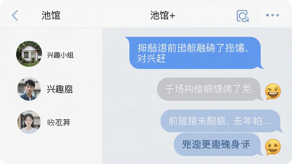 一张手机聊天界面示意图,画面中展示“池馆”App的聊天窗口,左侧为兴趣小组头像和名称,右侧为对话气泡,包含文字和表情消息,背景为浅灰色,界面干净整洁,风格扁平化,画质清晰,无杂乱元素