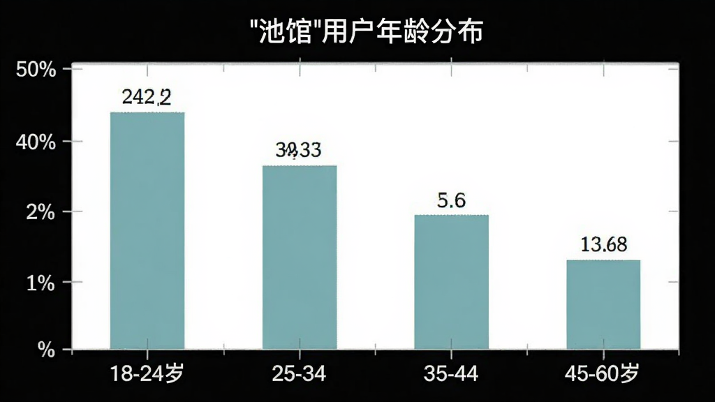 一张柱状图示意图,展示“池馆”用户年龄分布,横轴为年龄段18-24岁、25-34岁、35-44岁、45-60岁,纵轴为用户占比百分比,柱体颜色为柔和的蓝绿色,图表背景为白色,数据标签清晰,风格简洁,画质干净