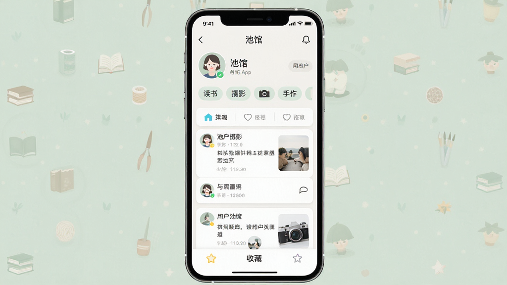 一张手机个人主页界面图,画面中展示“池馆”App的用户主页,顶部为头像和昵称,下方为兴趣标签栏,包含“读书”“摄影”“手作”等标签,中部为动态列表卡片,底部为收藏入口,整体配色柔和,布局整齐,风格现代简约,画质干净