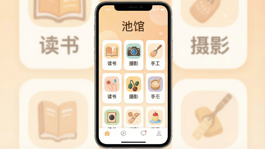 一张手机应用界面展示图,画面中央是“池馆”App的主页面,采用柔和的暖色调背景,顶部显示“池馆”字样,页面布局为卡片式兴趣小组列表,包含读书、摄影、手工等分类图标,底部为导航栏,风格清新简约,细节圆润,画质干净清晰,无多余元素