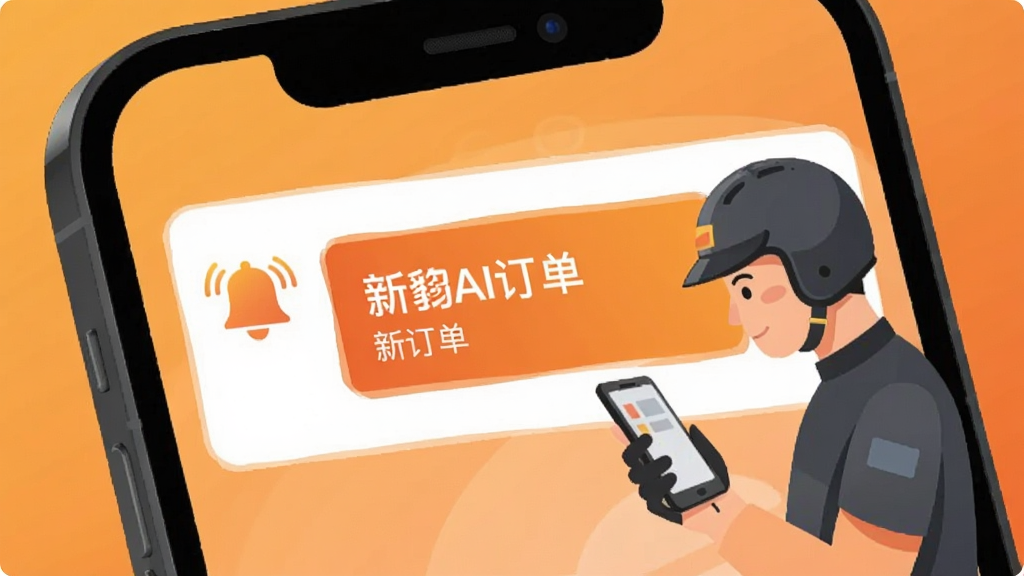 猎豹AI聚合配送订单提醒功能示意图,手机屏幕特写,屏幕上方弹出新订单提醒卡片,带有铃铛图标和醒目色块,旁边有骑手戴头盔看手机的简化人物插画,背景为暖橙色渐变,扁平插画风格,排版简洁,画质干净,无多余元素