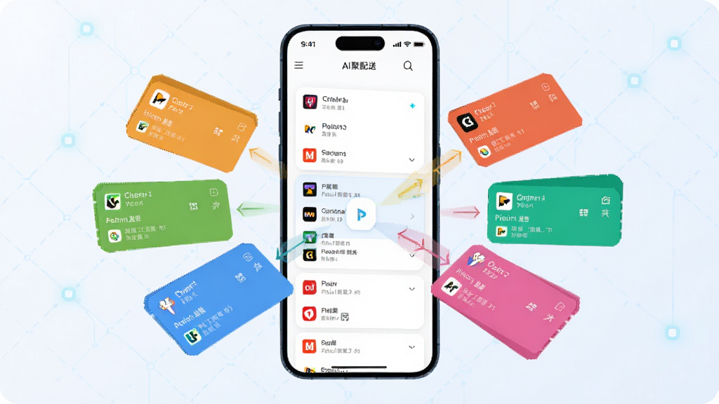 猎豹AI聚合配送多平台订单聚合功能展示图,画面中央一部手机,屏幕内显示多个彩色订单卡片从不同方向汇聚到一个中心列表,卡片上标注不同平台图标,背景为科技感浅色网格,风格简洁现代,细节清晰,画质干净,无多余装饰元素