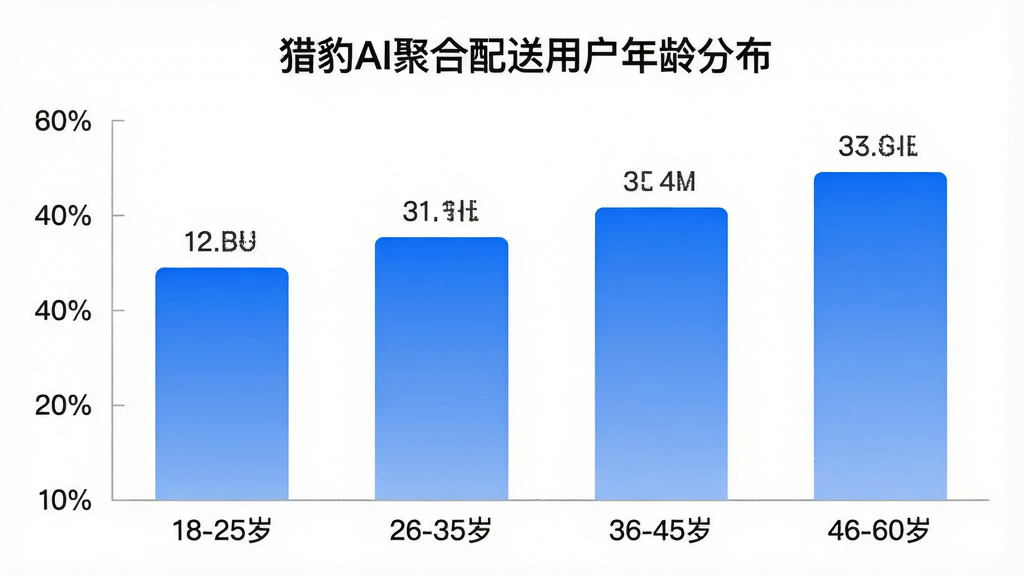 猎豹AI聚合配送用户年龄分布柱状图,横轴为“18-25岁”“26-35岁”“36-45岁”“46-60岁”四个年龄段,纵轴为百分比数值,柱体为渐变蓝色,背景为白色,图表上方标注“猎豹AI聚合配送用户年龄分布”,风格简洁商务,数据标签清晰,画质干净,无多余装饰