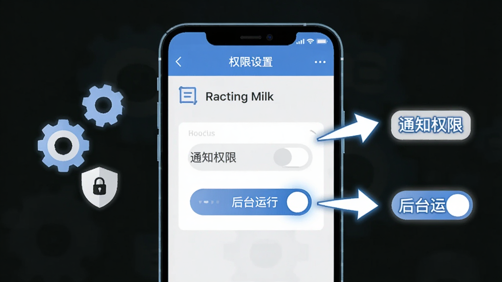 猎豹AI聚合配送新手设置引导示意图,手机屏幕显示权限设置页面,旁边有箭头指示“通知权限”“后台运行”两个开关按钮被点亮,画面风格为清爽的蓝白色调,扁平化设计,配有简单的齿轮和盾牌图标,排版整齐,画质干净,无多余元素