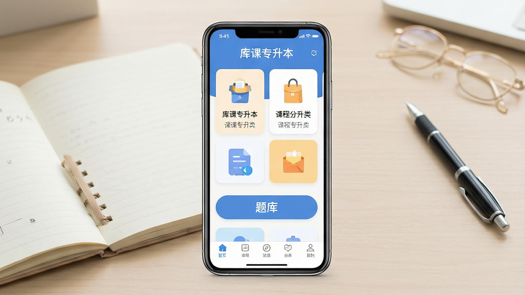 一张展示库课专升本App核心全貌的手机界面图。主体是一部竖屏智能手机,屏幕内显示库课专升本App首页,顶部有“库课专升本”文字标识,中间是课程分类卡片和题库入口按钮,底部为导航栏。布局居中,背景为浅色书桌环境,旁边放着一本翻开的笔记本和一支笔。风格清新扁平化,细节上按钮圆润、图标简洁。画质高清,画面干净,无多余元素。