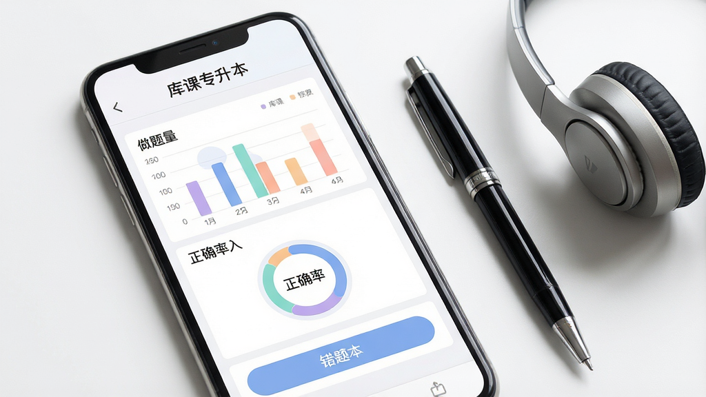 一张展示库课专升本App学习报告与错题本功能的手机界面图。主体为手机屏幕,屏幕内显示“学习报告”页面,包含做题量柱状图、正确率环形图和错题本入口按钮,顶部有“库课专升本”文字。布局为手机居中偏左,右侧放一支笔和一副耳机。风格简洁数据可视化风,细节上图表颜色柔和、数字清晰。画质高清,画面干净无多余元素。