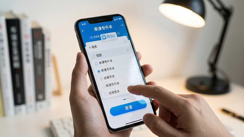 一张展示库课专升本App在手机上流畅运行的场景图。主体为一部手持智能手机,屏幕显示库课专升本刷题界面,手指正点击选项。布局为手部特写居中,背景虚化为书桌和台灯。风格生活化实拍感,细节上屏幕反光自然、按钮高亮。画质清晰,画面干净无多余元素。