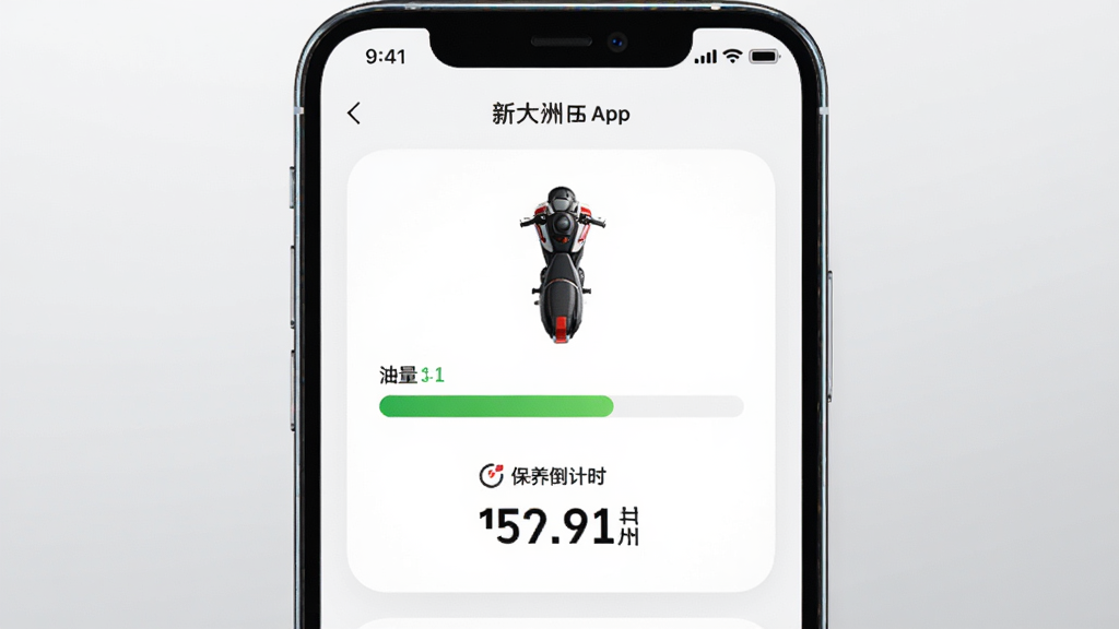 画面中央是一部智能手机,屏幕显示新大洲本田App的车辆状态卡片,卡片上有摩托车俯视图标、油量条和保养倒计时数字。布局为居中对称,背景是浅灰色渐变。风格简洁现代,细节上手机边缘有轻微反光,卡片圆角柔和,画质干净,无多余元素。