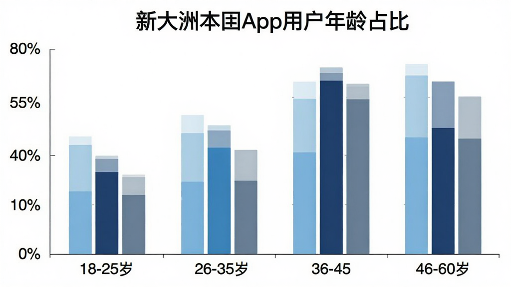 柱状图展示用户年龄分布,横轴为18-25岁、26-35岁、36-45岁、46-60岁四个年龄段,纵轴为人数占比百分比,柱子颜色分别为浅蓝、中蓝、深蓝、灰蓝,图表标题为“新大洲本田App用户年龄占比”,风格简洁数据可视化,背景白色,画质干净,无多余元素。