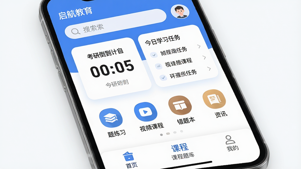 �ֻ���Ļչʾ������������App�����棬���������������û�ͷ���м��ǿ��е���ʱ��Ƭ�ͽ���ѧϰ�����б����·������������ϰ����Ƶ�γ̡����Ȿ����Ѷ�ĸ��������ͼ�꣬�ײ�Ϊ��ҳ�γ�����ҵ�����ѡ������岼������������ɫ������ƽ����Ʒ�񣬽���ɾ����࣬ϸ��Բ�󣬻��������޶���Ԫ��