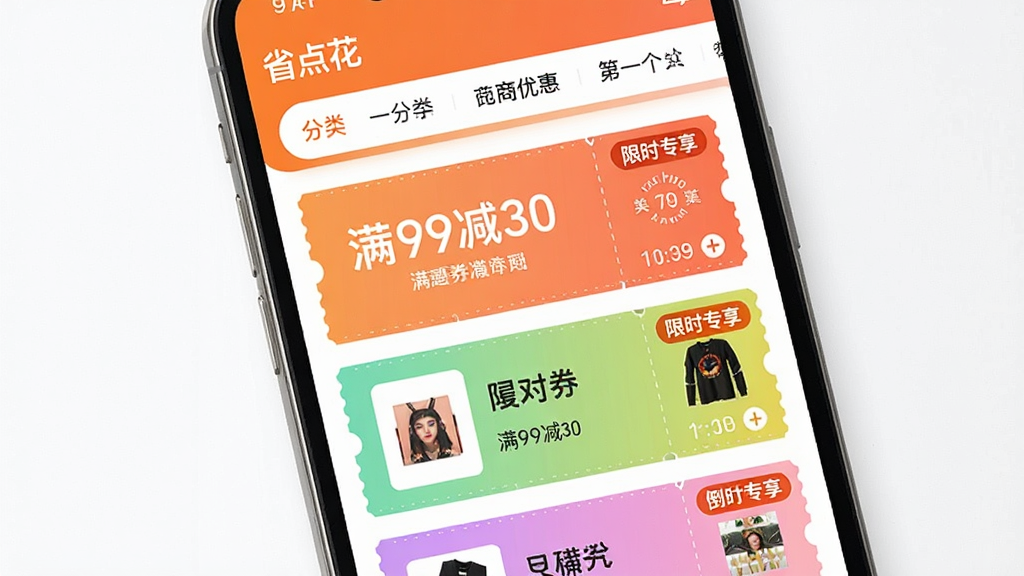 �����Ż�ȯ�ۺϽ���չʾͼ������Ϊ�ֻ���Ļ��д����Ļ�ڡ�ʡ�㻨��App���Ż�ȯ�б�ҳ���������ж��Ų�ɫ�Ż�ȯ��Ƭ����Ƭ��ӡ�С���99��30������ʱר������������ÿ��ȯ�Ա�����ƷСͼ�͵���ʱ��ǩ�������з���ɸѡ����������ɫ�Գ�ɫ�Ͱ�ɫΪ������������죬���ʸɾ�������������Ԫ��