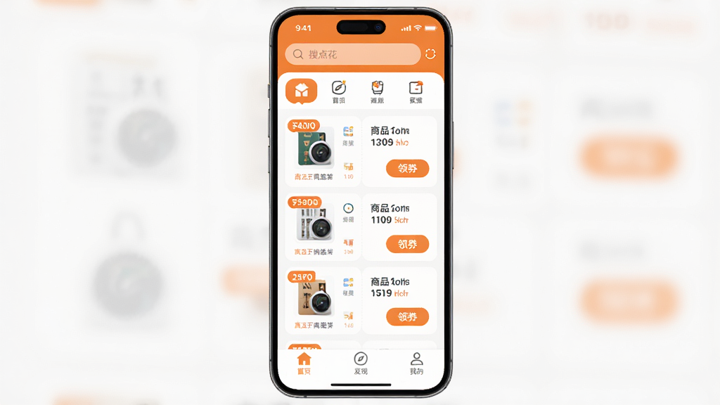 �ֻ�Ӧ�ý���չʾͼ������������һ����ֱ�ڷŵ������ֻ�����Ļ����ʾ��ʡ�㻨��App�����棬������������ͷ���ͼ�꣬�в�����Ʒ�Ż�ȯ��Ƭ�б���ÿ�ſ�Ƭ������Ʒ����ͼ���ۿ۱�ǩ����ȯ��ť���ײ�����ҳ�����֡��ҵ�����������ǩ�����岼�ָɾ���ˬ�����óȰ���ɫ����������ƽ���ִ���ƣ�ϸ��Բ�󣬻��ʸ���ɾ����޶���װ��Ԫ��