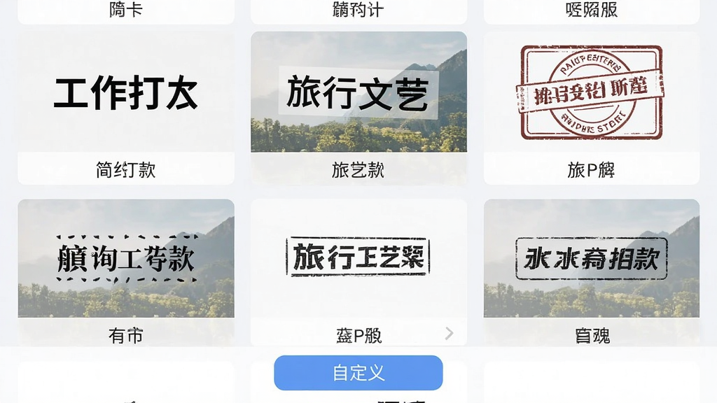 水印拍照软件的水印模板选择界面,屏幕上以网格形式展示多种风格的水印样式预览图,包括简约工作打卡款、旅行文艺款、带边框印章款等,每款模板下方标注名称,界面底部有“自定义”按钮,风格清新整洁,画质干净,无多余元素