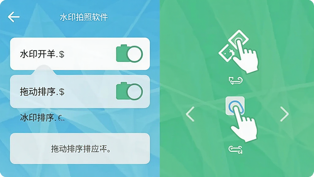 水印拍照软件的操作设置界面,屏幕上展示水印开关列表和拖动排序提示,旁边有双指缩放和单指拖动的示意图标,界面配色清爽,布局清晰,风格现代扁平,画质干净,无多余元素