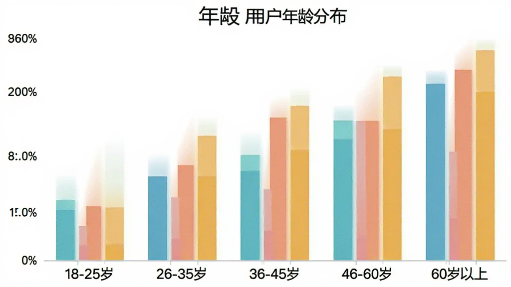 水印拍照软件用户年龄分布柱状图,横轴为年龄段标注“18-25岁”“26-35岁”“36-45岁”“46-60岁”“60岁以上”,纵轴为用户占比百分比,柱状图配色清爽,数据清晰,风格简洁现代,画质干净,无多余元素
