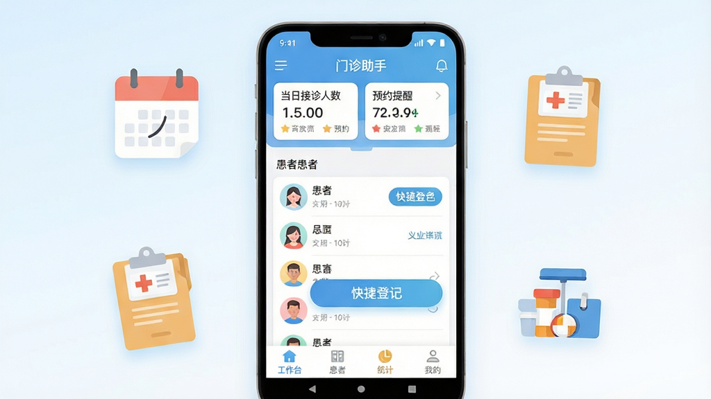 画面中心是一部竖屏安卓手机,屏幕内展示“门诊助手”APP主界面,顶部显示当日接诊人数和预约提醒卡片,中部为患者列表和快捷登记按钮,底部为工作台、患者、统计、我的四个选项卡。手机周围漂浮着日历、病历夹、药盒等扁平化图标,背景为干净的浅蓝白渐变,风格现代简约扁平,细节圆润清晰,画质干净明亮,无多余元素。