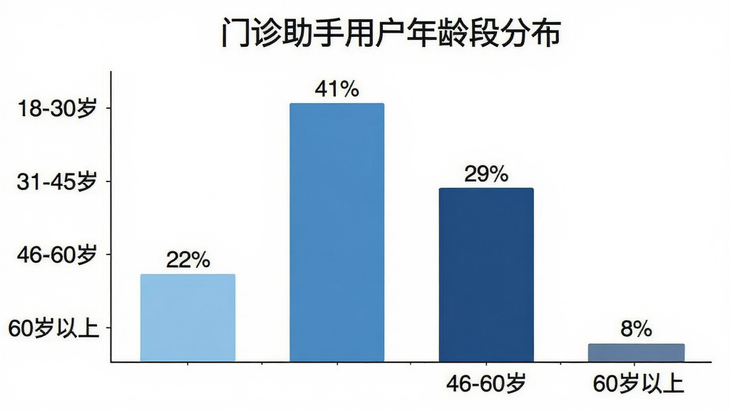 一张横向柱状图,标题为“门诊助手用户年龄段分布”,纵轴为年龄段“18-30岁”“31-45岁”“46-60岁”“60岁以上”,横轴为占比百分比,柱条颜色分别为浅蓝、中蓝、深蓝、灰蓝,柱条上标注具体百分比数值“22%”“41%”“29%”“8%”,图表风格简洁扁平,背景白色,文字清晰,画质干净,无多余装饰元素。