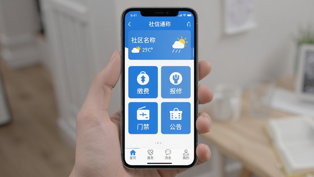 手机屏幕展示和信通App主界面,蓝白配色,顶部显示社区名称和天气,中间是缴费、报修、门禁、公告四个大图标卡片,底部导航栏为首页、服务、消息、我的,界面干净无广告,扁平化设计风格,画质清晰,无多余元素