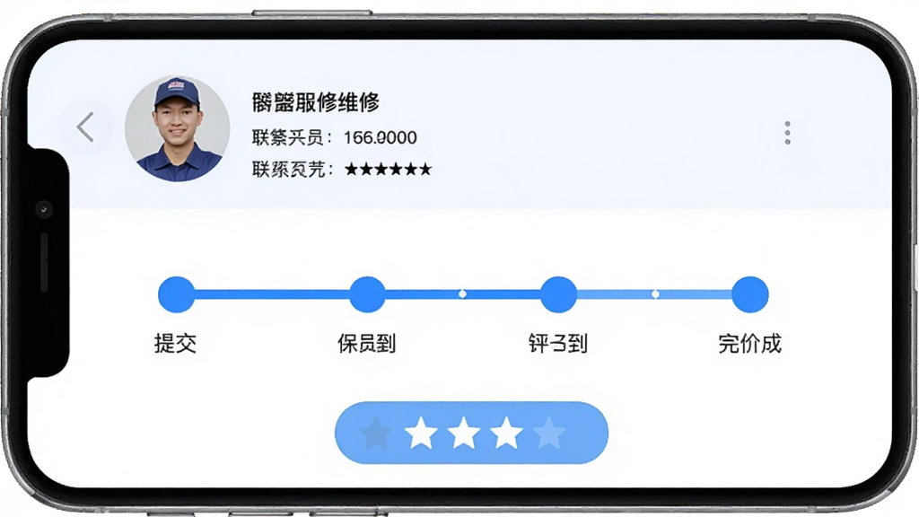 和信通App报修工单页面截图风格,手机界面显示工单进度时间轴,从提交到完成四个节点用蓝色圆点串联,顶部有维修人员头像和联系方式,下方是评价星级按钮,整体排版清爽,浅色背景,文字标签清晰,画质干净