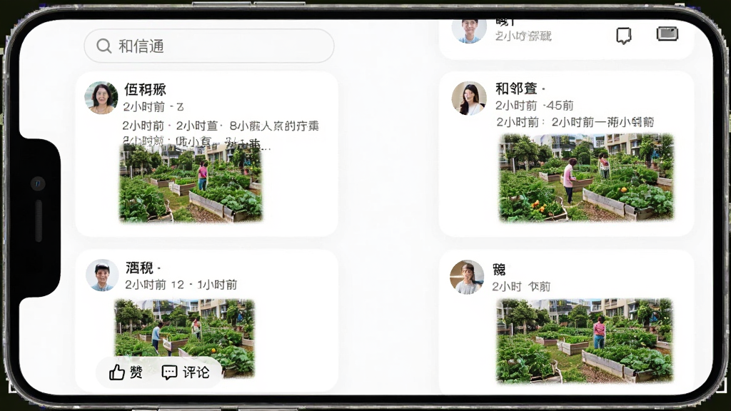 和信通App邻里圈界面,手机屏幕显示帖子列表,每条帖子有用户头像、昵称、发布时间和文字内容,配图是社区花园照片,底部有点赞和评论图标,顶部搜索框写着“和信通”,整体风格类似轻社区论坛,白底圆角卡片,画质干净