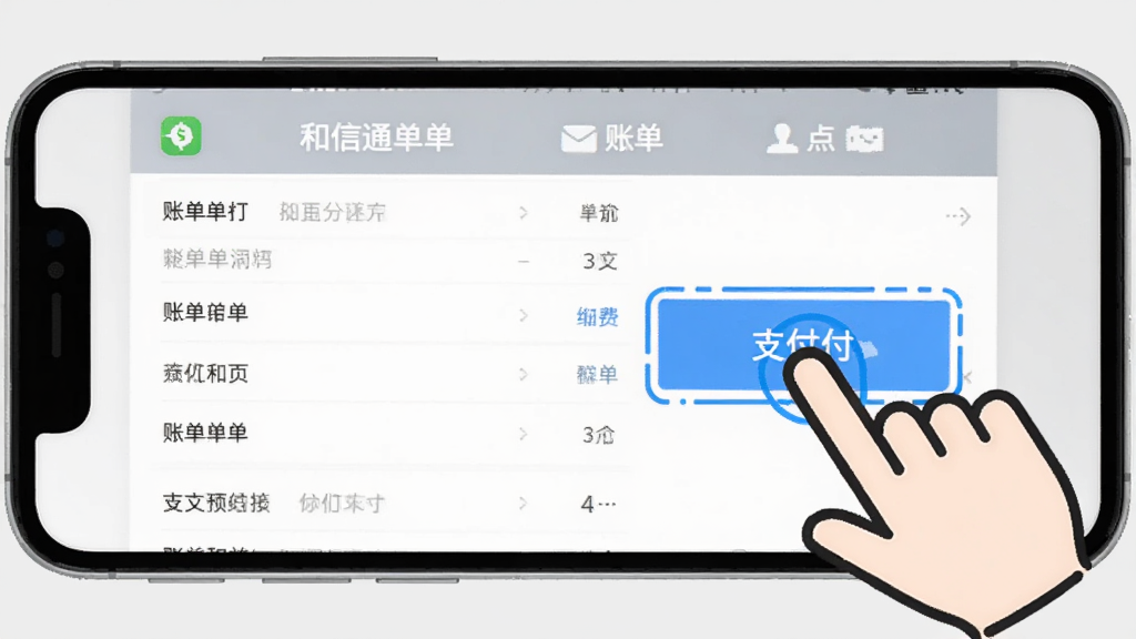 和信通App缴费页面操作示意图,手机屏幕显示账单列表和支付按钮,旁边有手指点击的示意手势,背景是浅灰色,界面元素用蓝色高亮标注重点区域,风格简洁教程风,画质清晰