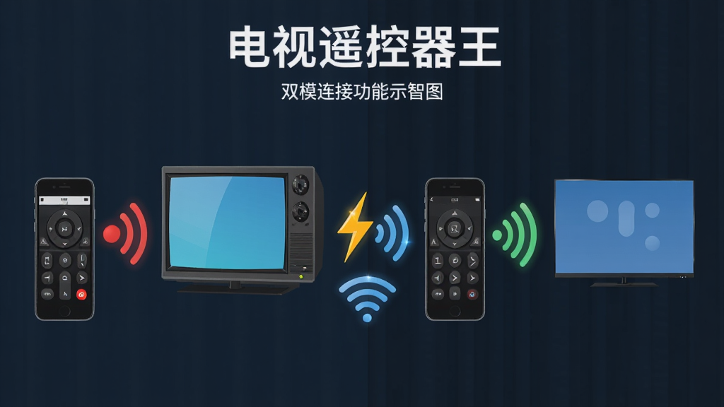 一张“电视遥控器王”双模连接功能的示意图,画面左侧是一部手机通过红外信号连接一台传统电视,右侧是同一部手机通过WiFi信号连接一台智能电视,中间用闪电和无线信号图标表示两种连接方式,布局左右对称,风格科技感扁平化,细节清晰,画质干净,无多余元素