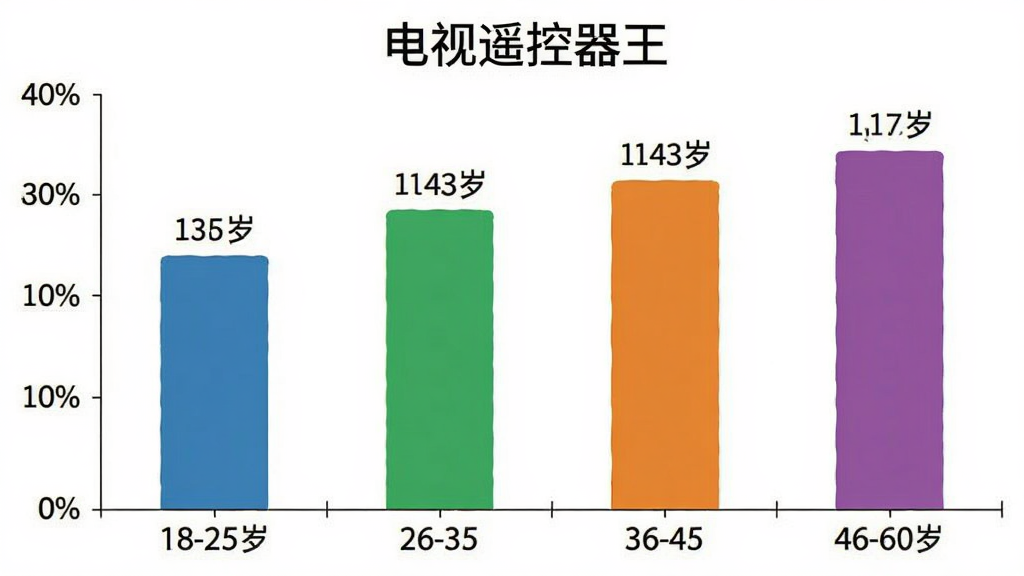 一张展示“电视遥控器王”用户年龄分布的柱状图,横轴为年龄段18-25岁、26-35岁、36-45岁、46-60岁,纵轴为用户占比百分比,柱状图颜色分别为蓝、绿、橙、紫,数据标签清晰可见,风格简洁商务,画质干净,无多余元素