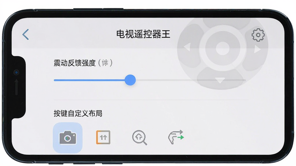 一张“电视遥控器王”设置界面的截图,手机屏幕上显示着震动反馈强度调节滑块和按键自定义布局选项,界面采用浅色主题,布局清爽,图标简洁,风格扁平化设计,画质干净,无多余元素