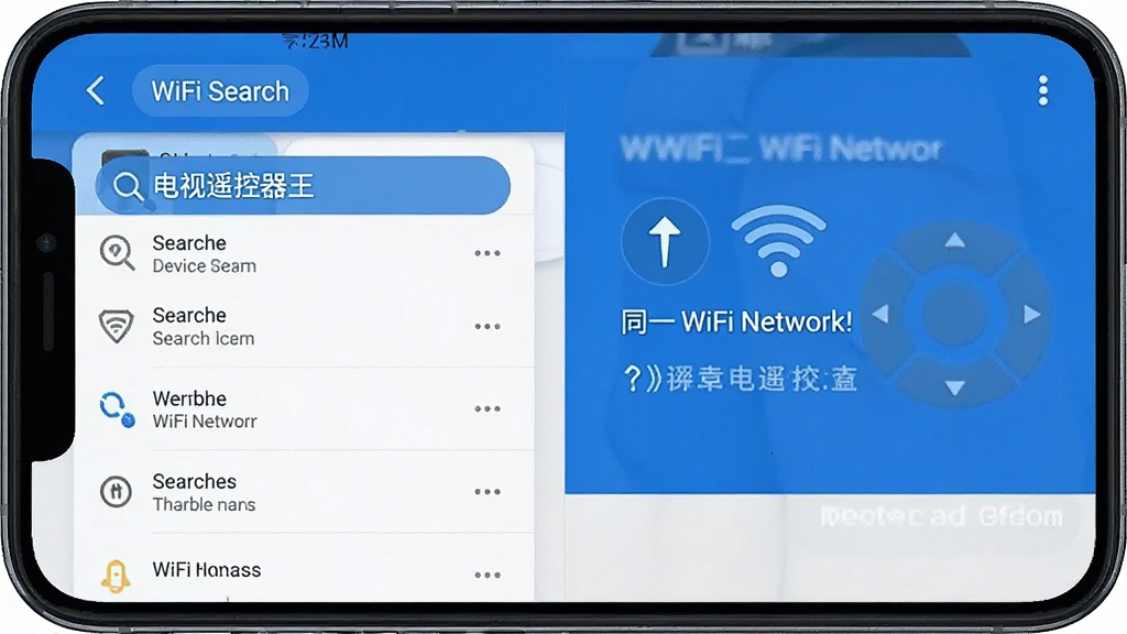 一张展示“电视遥控器王”WiFi连接设置界面的手机截图,屏幕上显示着设备搜索列表和同一WiFi网络提示,界面以蓝色调为主,布局清晰,风格简洁现代,画质干净,无多余元素