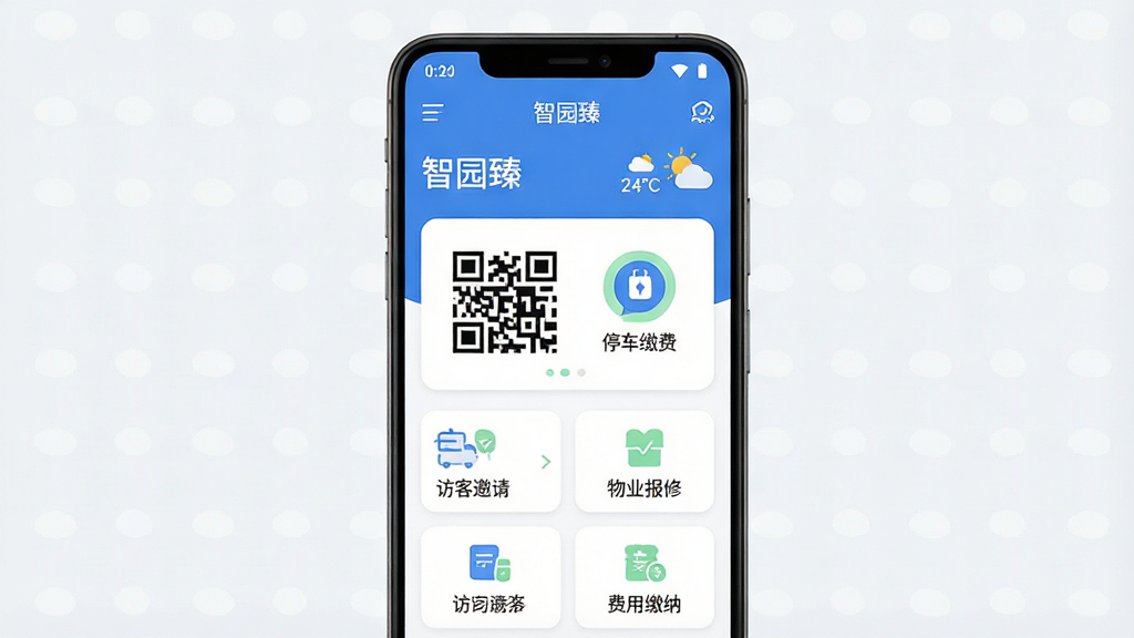 一张手机应用界面展示图,主体是一部居中摆放的安卓手机,屏幕上显示“智园臻”App的主页面,顶部是园区名称和天气信息,中间是醒目的门禁二维码和停车缴费图标,下方排列着访客邀请、物业报修、费用缴纳四个功能卡片,整体布局采用卡片式设计,配色以蓝白为主,辅以浅绿色点缀,风格现代简洁扁平化,细节圆润,画质干净清晰,无多余元素