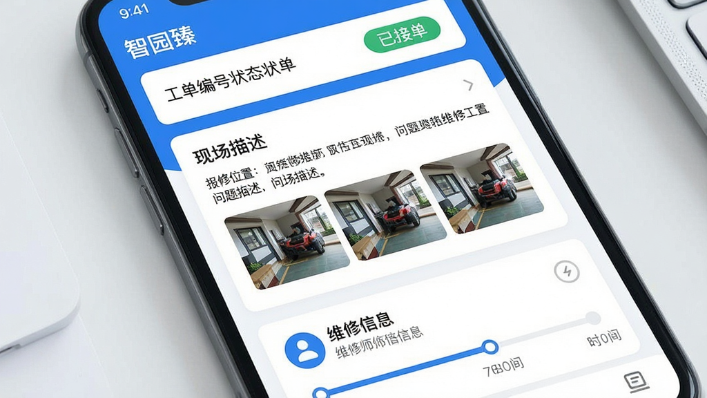 一张手机应用界面特写图,展示“智园臻”的报修工单详情页,页面顶部显示工单编号和状态标签“已接单”,中间是报修位置、问题描述和现场照片缩略图,底部是维修师傅信息和进度时间轴,界面采用蓝白配色卡片式布局,风格清爽现代,画质干净,文字标签清晰,无多余装饰元素