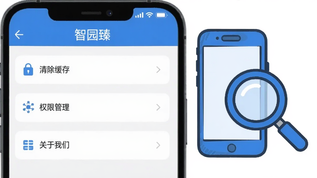 一张手机屏幕截图风格的图片,展示“智园臻”App的设置页面,页面包含清除缓存、权限管理、关于我们等选项,旁边配有一个卡通风格的手机和放大镜图标,整体用于示意新手操作指引,风格轻松扁平化,配色蓝白为主,画质干净清晰,无多余元素