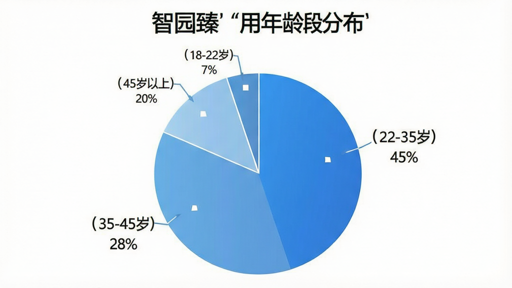 一张饼状图,展示“智园臻”用户年龄段分布,图表分为三个扇形区域,分别标注“22-35岁 45%”“35-45岁 28%”“45岁以上 20%”“18-22岁 7%”,配色采用蓝色系渐变,图表风格简洁现代,背景干净,文字标签清晰可读,无多余装饰元素