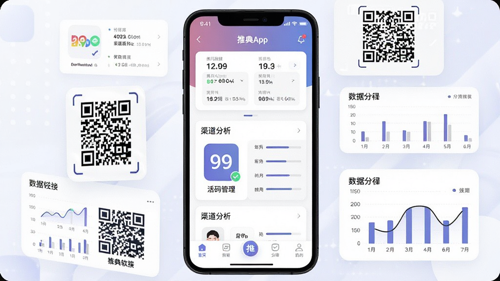 一张展示推典软件核心全貌的手机应用界面合成图,画面中央是推典App的主界面,顶部显示推广数据统计面板,中间是活码管理和渠道分析模块,底部是导航栏,周围环绕着推广链接、二维码、数据图表等元素,整体布局清晰,风格现代扁平,细节圆润,画质干净无多余元素