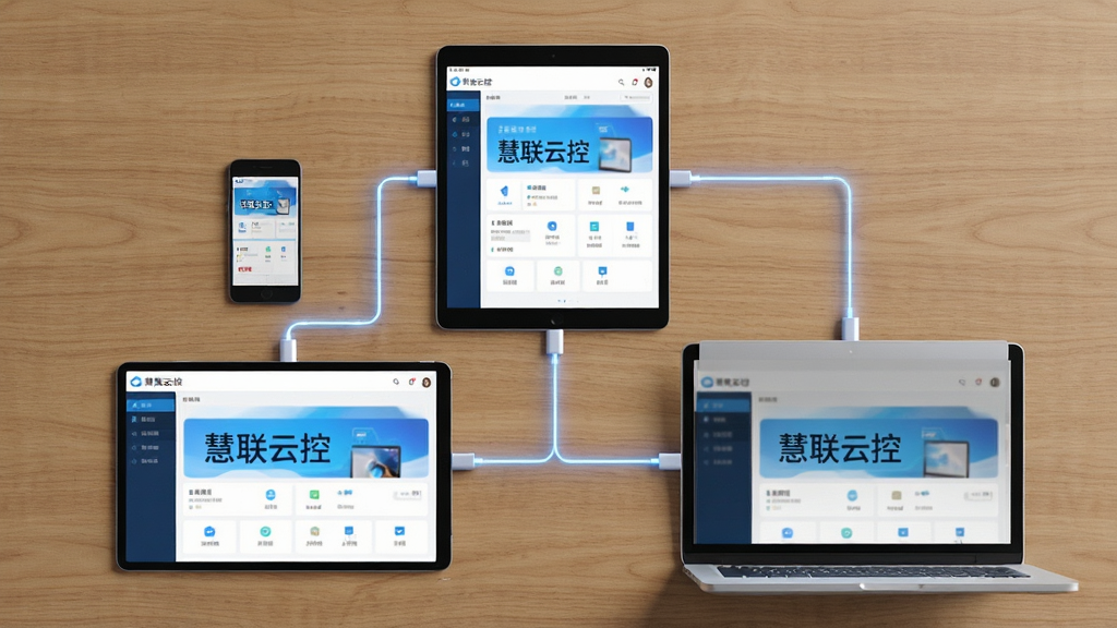 一张俯视视角的桌面场景,桌面上并排摆放着手机、平板和笔记本电脑,三块屏幕上都显示着