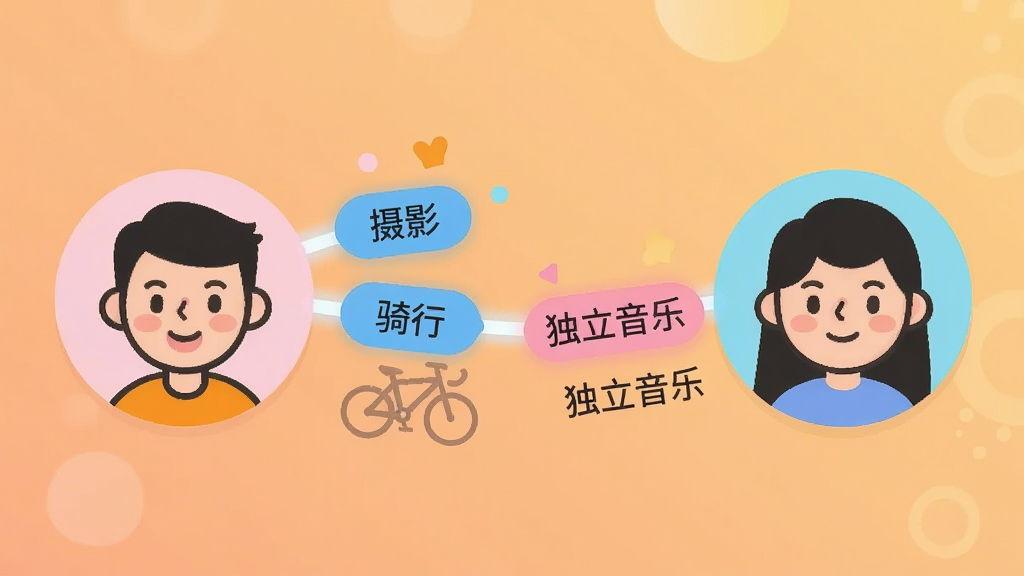 一张AI生成的社交匹配场景插画,画面中两个卡通风格的用户头像通过一条发光的兴趣标签链条连接在一起,链条上写着