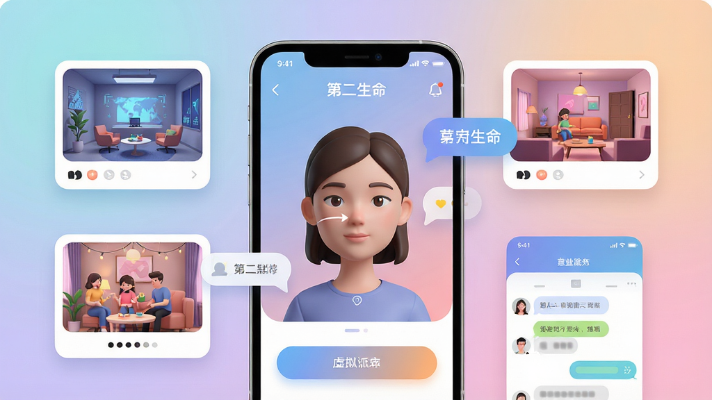 一张展示虚拟社交应用全貌的宣传图,画面中央是手机屏幕显示“第二生命”应用主界面,屏幕中有一个精致的3D虚拟人物形象正在捏脸,周围环绕着社交场景缩略图如虚拟展厅、派对房间、聊天界面,布局采用中心聚焦式排版,风格为现代扁平化科技感,细节包括圆润的按钮、柔和的渐变背景、悬浮的聊天气泡,画质干净高清,无多余元素