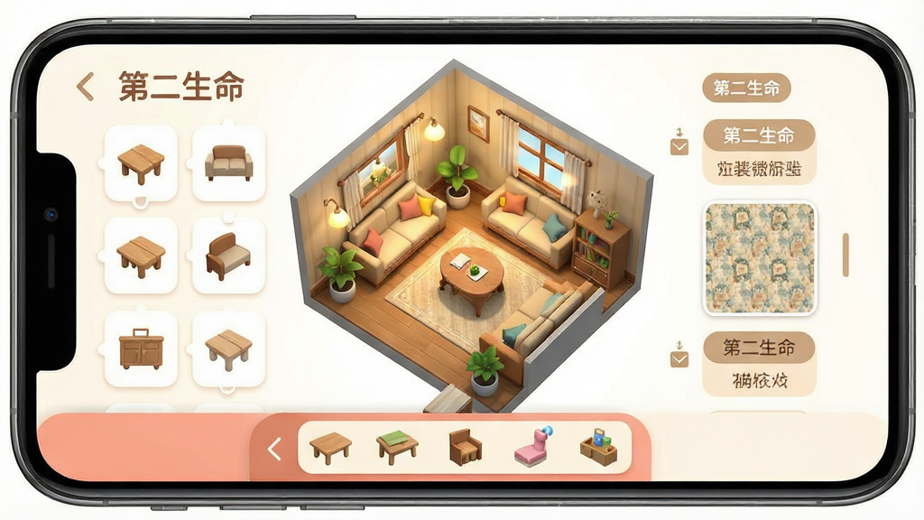 一张展示“第二生命”个性化空间装扮功能的示意图,画面主体是手机屏幕中一个虚拟房间的布置界面,布局为房间俯视图加底部道具栏,排版整洁有序,风格为温馨家居风格,细节包括可拖拽的家具图标、墙纸预览、分类标签,画质干净高清,文字标注“第二生命”,无多余元素