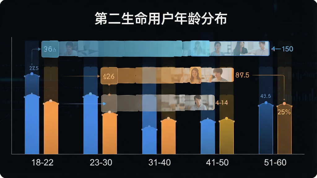 一张展示“第二生命”用户年龄分布的柱状图,画面主体是简洁的数据图表,布局为横向柱状图排列,排版清晰易读,风格为现代信息图,细节包括年龄段标签18-22、23-30、31-40、41-50、51-60及对应柱形高度,画质干净高清,图表标题为“第二生命用户年龄分布”,无多余元素