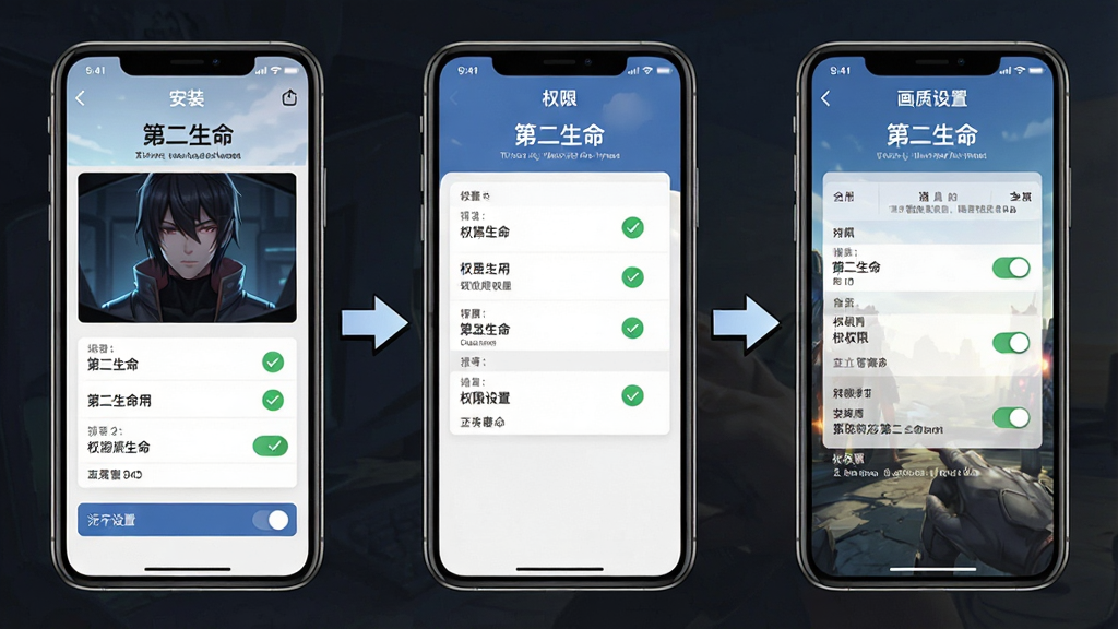 一张展示“第二生命”应用安装与权限设置步骤的示意图,画面主体是手机屏幕分步截图排列,布局为三格横向排列展示安装、权限、画质设置界面,排版清晰有序,风格为教程类信息图,细节包括勾选图标、设置开关、箭头指引,画质干净高清,文字标注“第二生命”,无多余元素