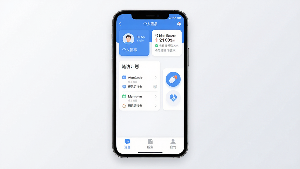 Я��ҽ��App��ҳȫòչʾ���ֻ���Ļ���з��ã���Ļ����ʾ����ɫ���Ľ����������棬�����Ǹ�����Ϣ��Ƭ�ͽ��ս������ѣ��в�����üƻ��б�����ҩ��ͼ�꣬�ײ�Ϊ��Ϣ���������ҵ�����ѡ�������Ϊ�ɾ���ǳ�ҽ��䣬����ִ���ƽ��ͼ��Բ�����������ʸɾ��޶���Ԫ��