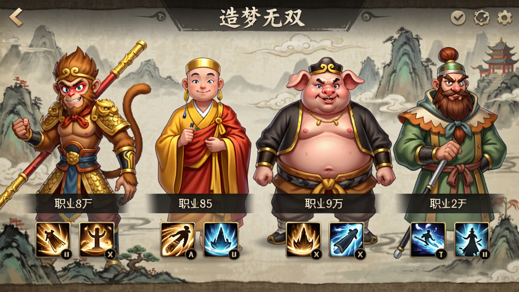 ������˫��ɫѡ����棬�����в���չʾ����ա���ɮ�����˽䡢ɳɮ��λ��ɫ����������ÿ����ɫ�·���ְҵ��λ��ǩ�ͼ���Ԥ��ͼ�꣬����Ϊˮī����ɽ�������������沼�����������Ϊ�����񻰿�ͨ��Ⱦ��ϸ�ھ��£����ʸɾ����޶���Ԫ��