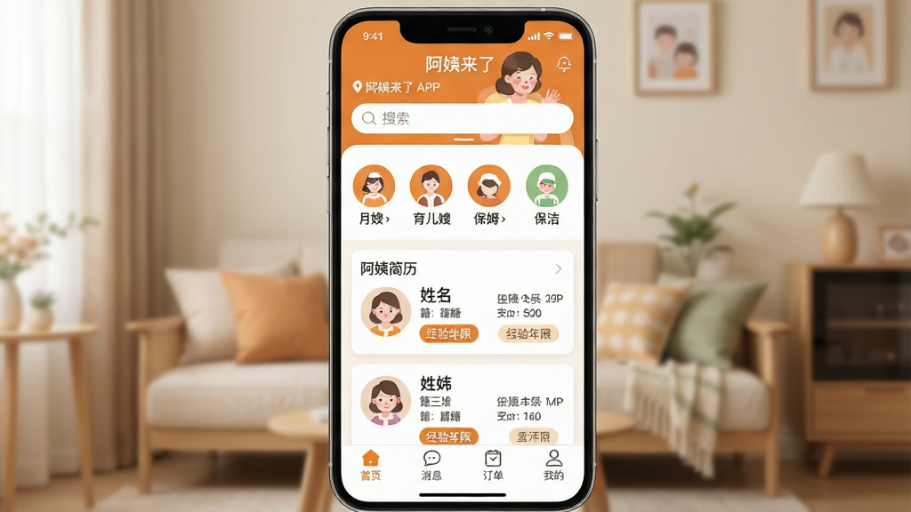 һ���ֻ�Ӧ�ý���չʾͼ�����������ǡ��������ˡ�APP����ҳ���棬������ʾ��λ���к����������м�����ɩ������ɩ����ķ�������ĸ�Բ�ι���ͼ��������У��·��ǰ��̼�����Ƭ�б���ÿ�ſ�Ƭ��ͷ�����������ᡢ�������޺ͱ�ǩ���ײ�������Ϊ��ҳ����Ϣ���������ҵ��ĸ�ѡ��������ů��ɫ���ɫ�������ɫ�����������ܰ�Ӽң���������������ϸ�ڸɾ�Բ�󣬻��ʸ����޶���Ԫ��