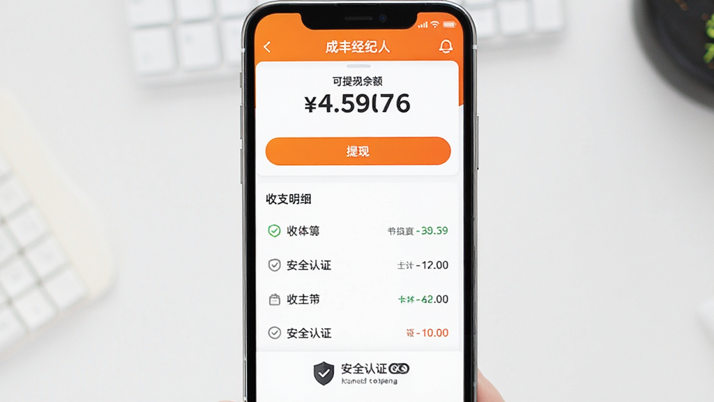 手机屏幕展示“成丰经纪人”钱包页面,顶部显示可提现余额数字,中间是提现按钮和收支明细列表,底部有安全认证标识,界面以橙色和白色为主,风格简洁清晰,画质干净无多余元素