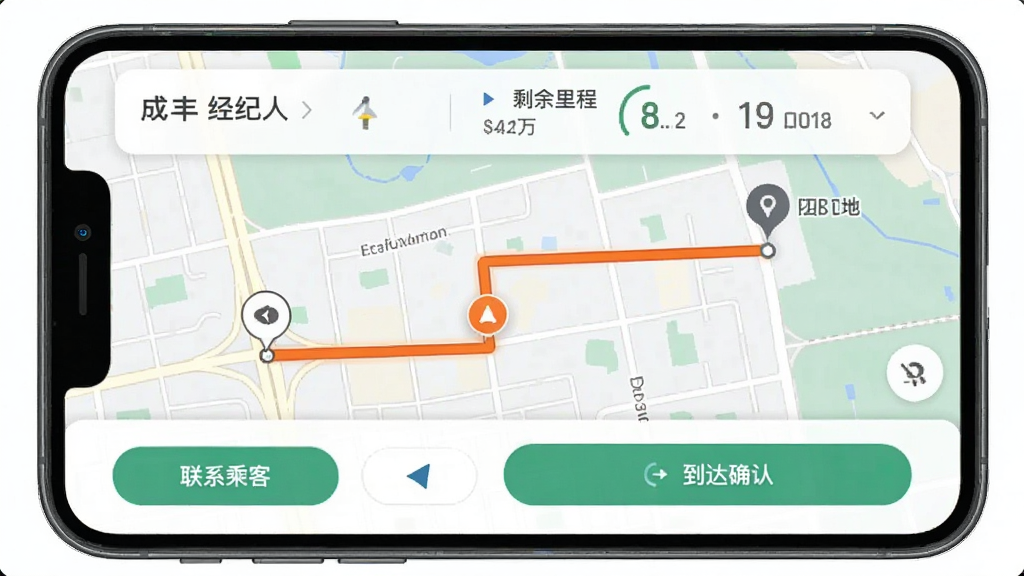 手机屏幕展示“成丰经纪人”导航界面,地图上有一条橙色高亮路线从当前位置指向目的地,顶部显示剩余里程和时间,底部有联系乘客和到达确认按钮,风格简洁现代,画质干净无多余元素