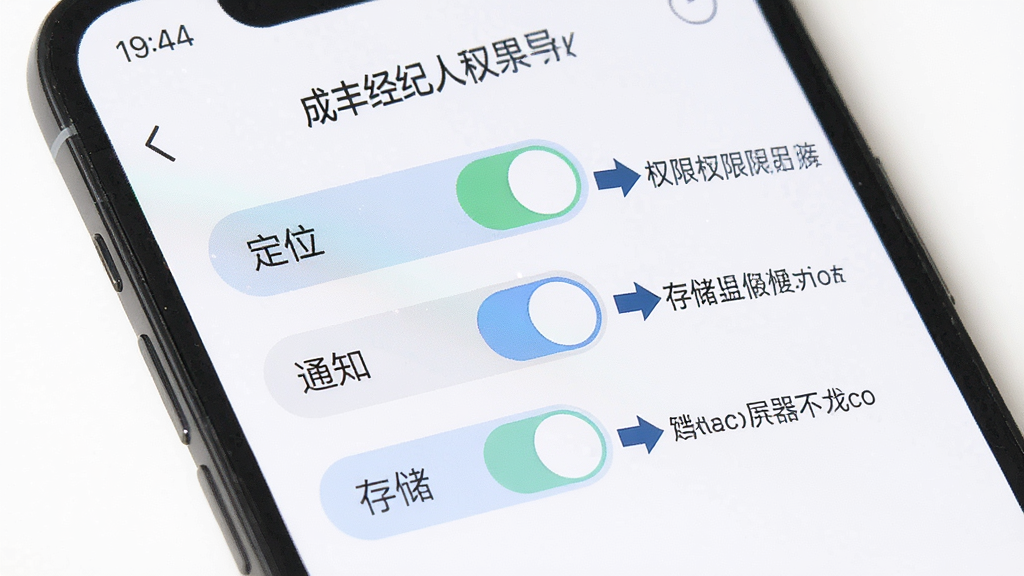 手机屏幕展示“成丰经纪人”权限设置引导页面,列出定位、通知、存储三项权限开关,旁边有文字说明和箭头指示,风格简洁清晰,画质干净无多余元素