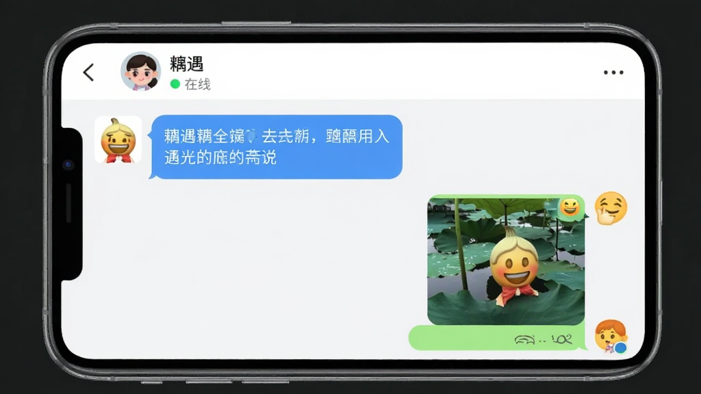 一张展示“藕遇”聊天界面的图片,画面中手机屏幕显示两个用户的对话气泡,左侧是文字消息,右侧是表情和图片消息,界面顶部有用户昵称和在线状态,整体布局清晰,风格清新简约,画质干净,无多余元素