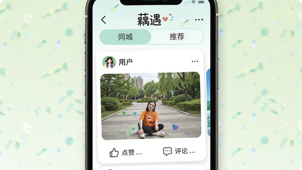 一张展示“藕遇”动态广场界面的图片,画面中手机屏幕显示用户发布的图文动态卡片,下方有点赞和评论图标,顶部有“同城”和“推荐”选项卡,整体布局清晰,风格轻松活泼,画质干净,无多余元素