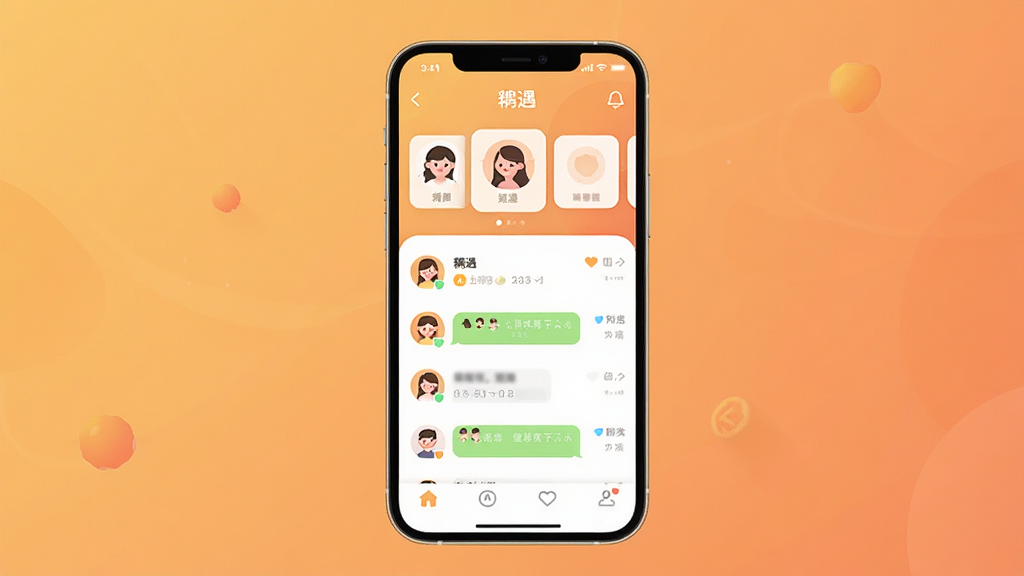 一张展示手机社交应用界面的图片,画面中央是名为“藕遇”的APP主界面,背景是温馨的暖色调渐变色,界面中有用户头像卡片和聊天列表,布局简洁明快,风格现代扁平化,细节圆润,画质干净清晰,无多余元素